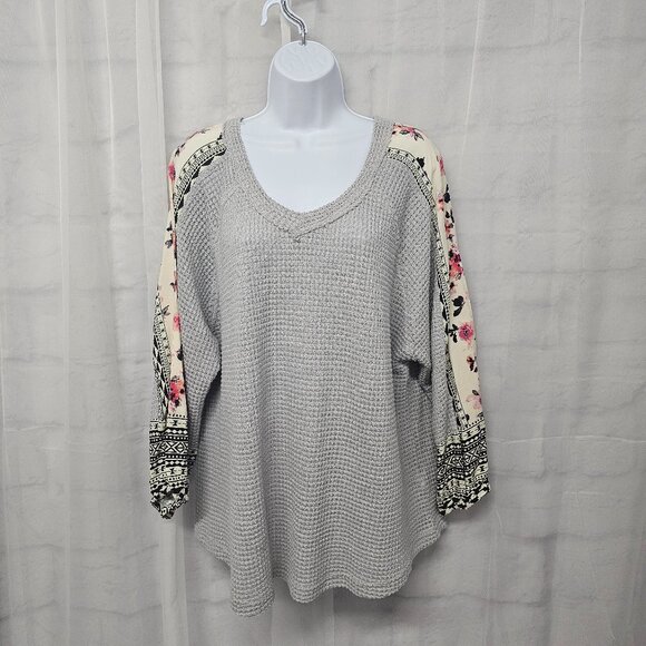 Alchemy Thread Gray Thermal Mixed Media Blouse Floral Boho XL - Picture 1 of 11
